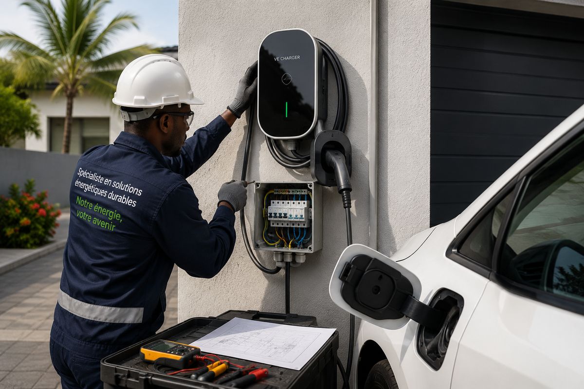 Technicien raccordant une borne de recharge murale à son coffret de protection, à côté d'un véhicule électrique branché