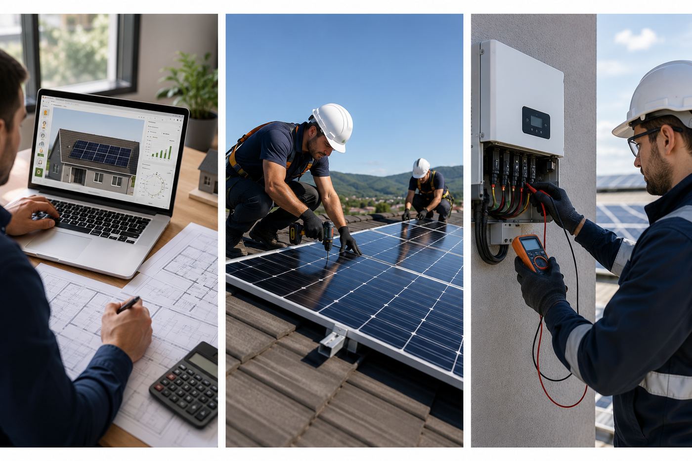 Trois étapes du métier : l'étude de dimensionnement sur ordinateur, la pose de panneaux photovoltaïques en toiture, et le contrôle d'un onduleur au multimètre